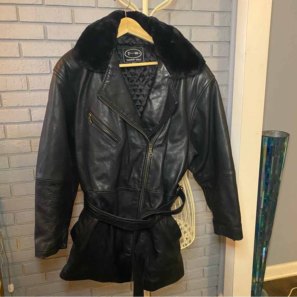 Tannery West Black Leather Motorcycle Coat With Faux Fur Collar Xl